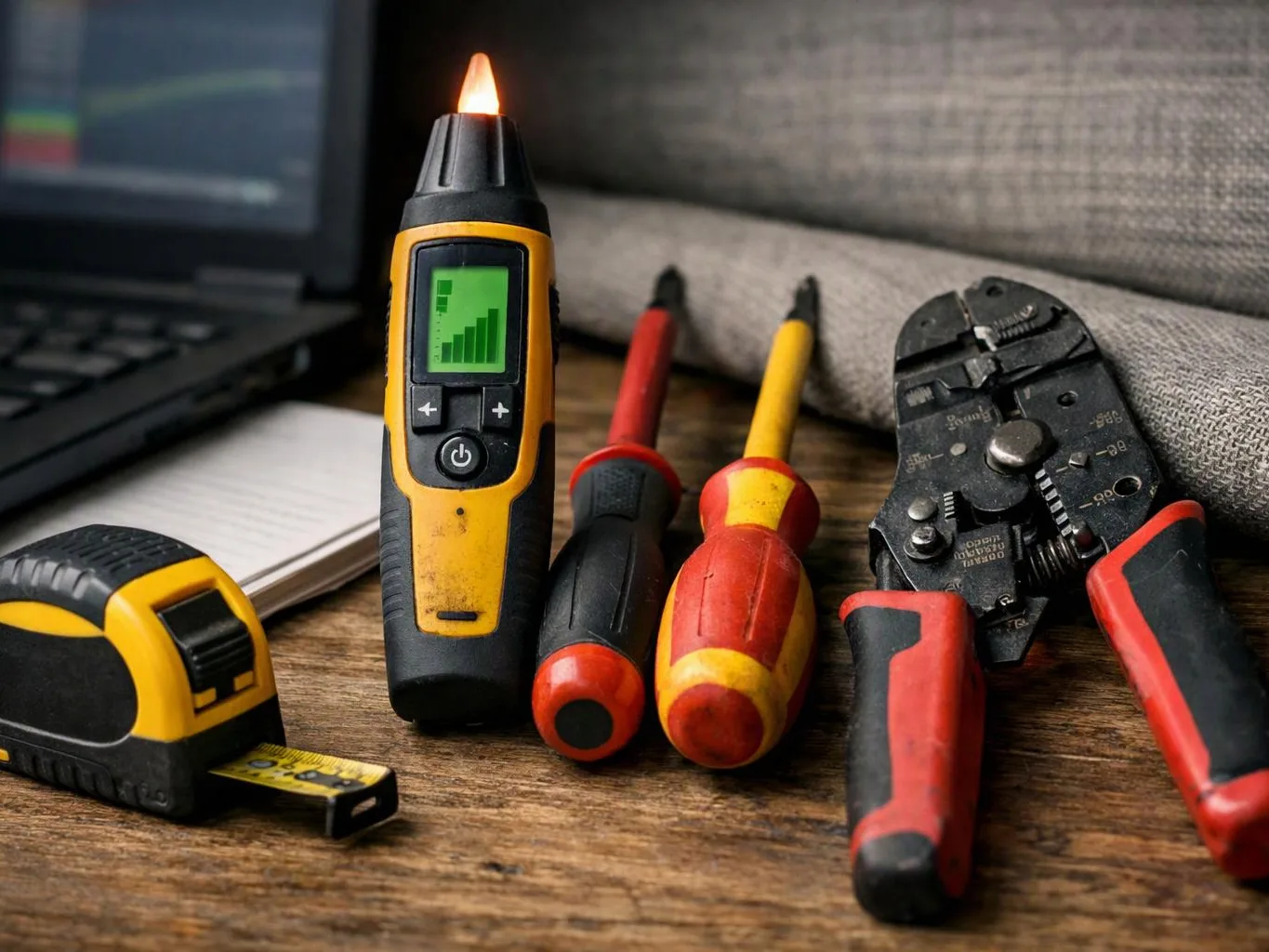A workbench shows electrical tools, including a voltage tester, screwdrivers, a tape measure, and wire stripper pliers