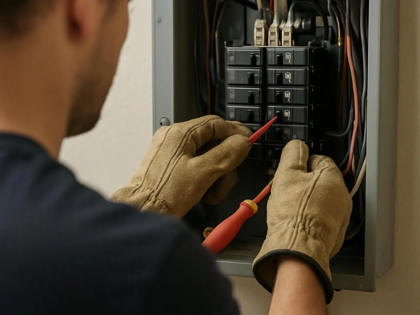 A worker in gloves tests a circuit breaker panel with a red probe inside a wall-mounted electrical box