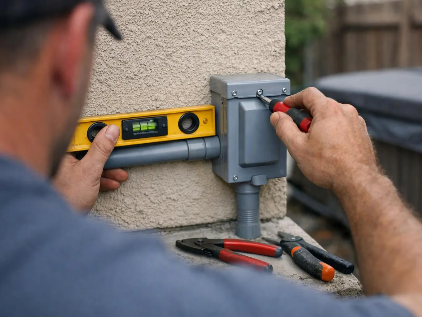 A worker holds a level and tightens screws on a gray electrical box mounted to a stucco wall