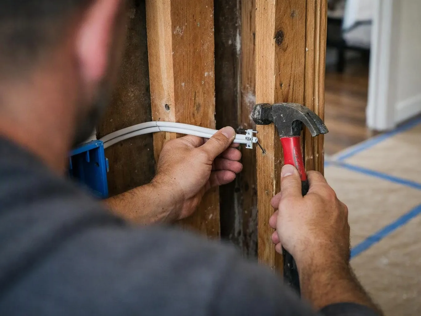 A worker holds white cables against exposed wood framing while using a hammer in a renovation area