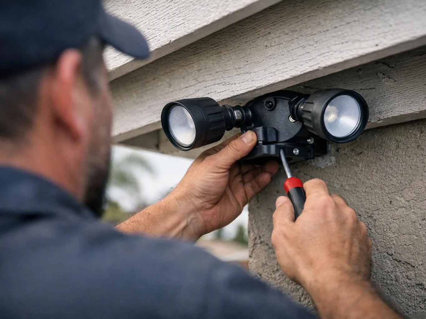 A worker installs a dual floodlight with a screwdriver under a house eave