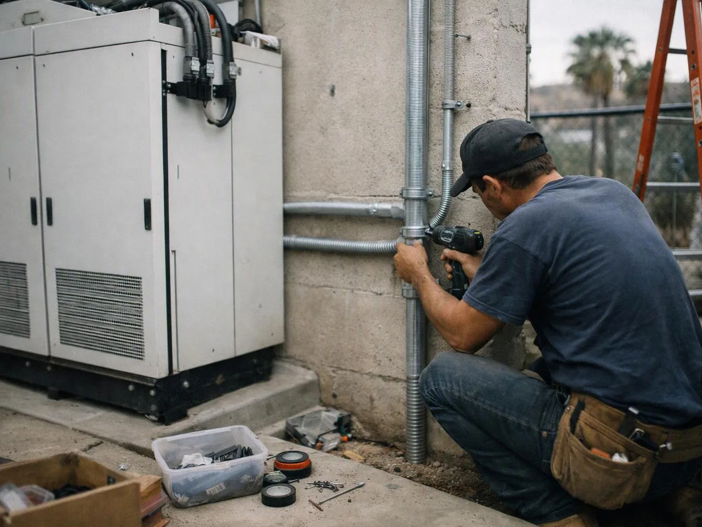 A worker kneels beside metal conduit, using a drill next to a large outdoor electrical cabinet