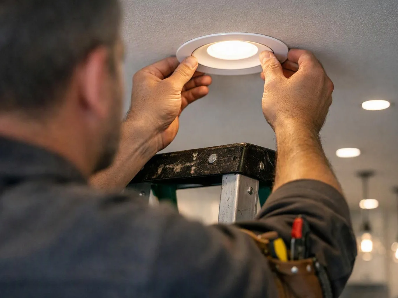 A worker on a ladder adjusts a recessed ceiling light with both hands indoors