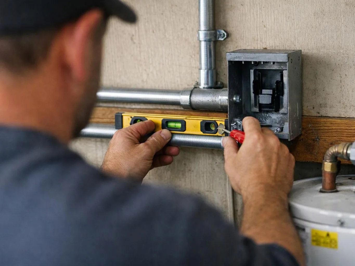 A worker levels a metal electrical box with a yellow spirit level beside exposed conduit and pipes