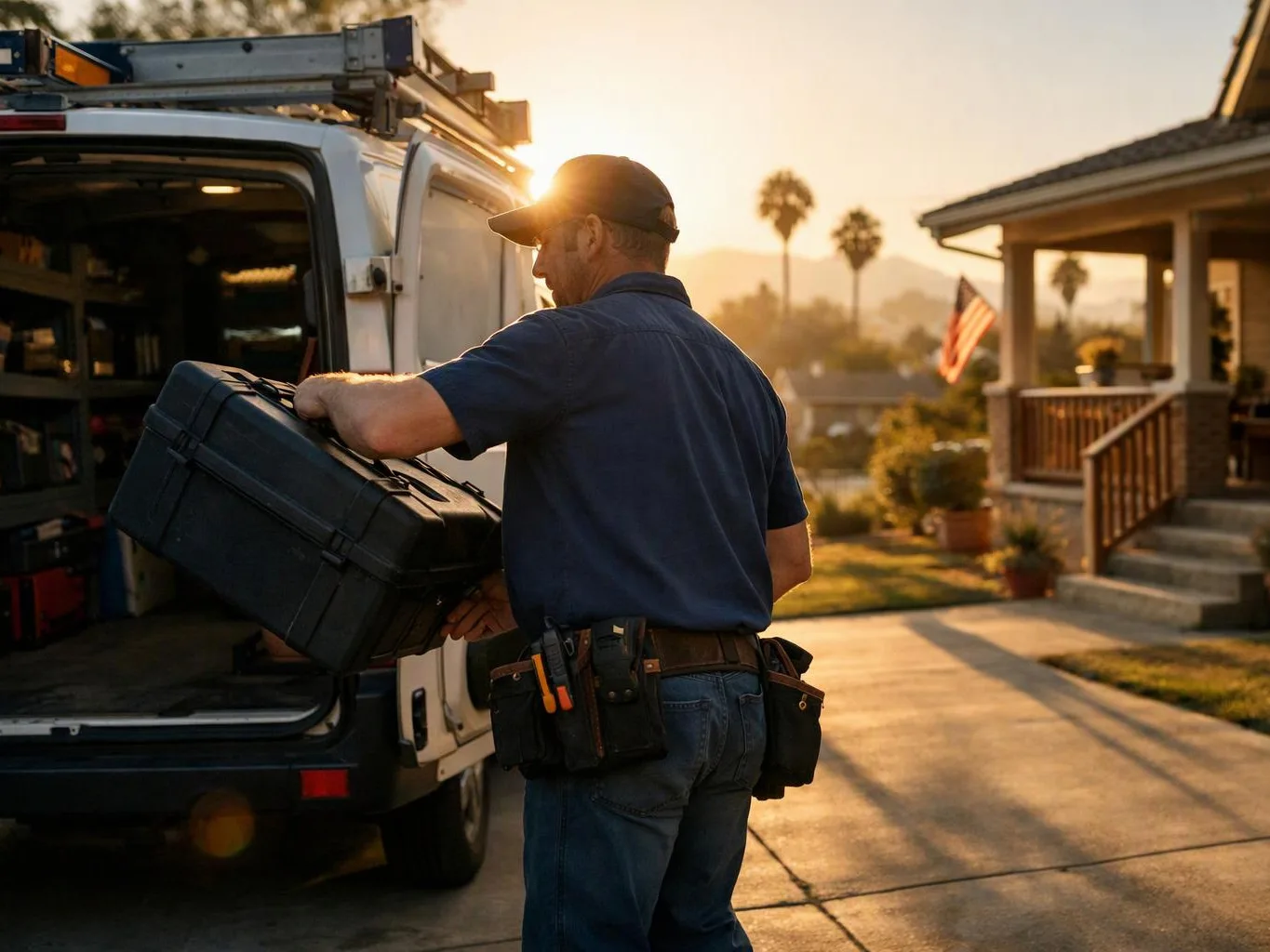 A worker loads a black tool case from a service van in a sunny suburban driveway