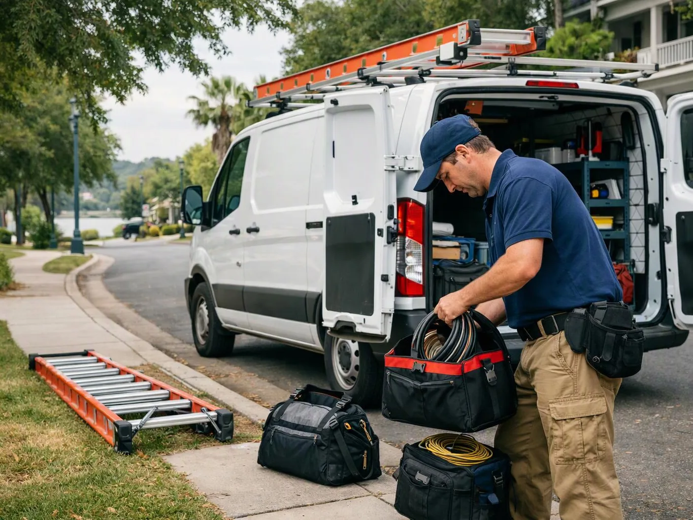 A worker loads coiled cables from a tool bag beside a white van parked on a quiet street