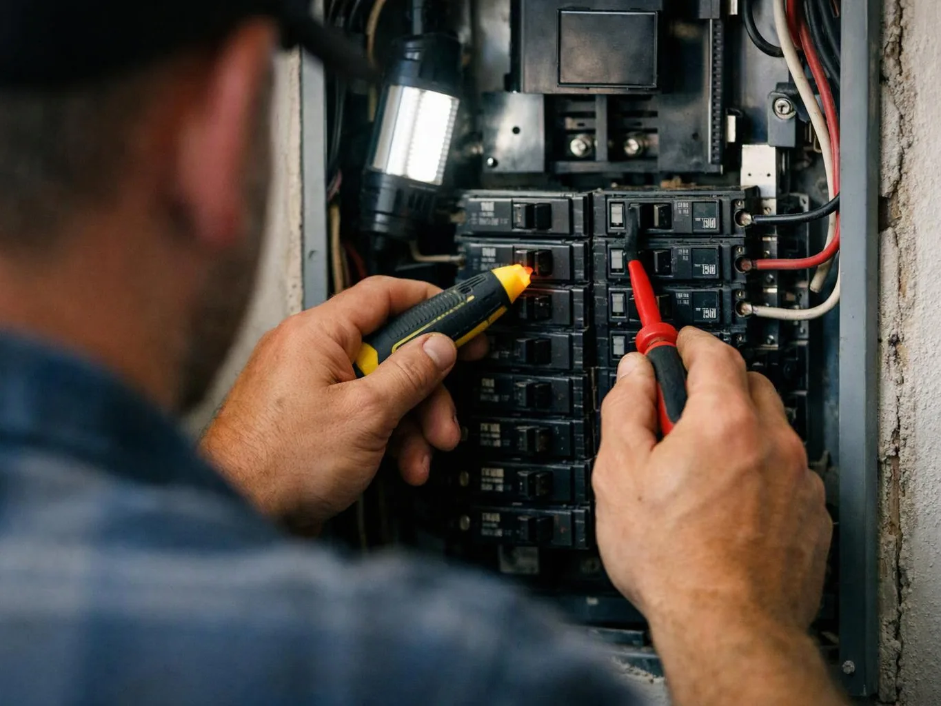 A worker tests circuit breakers inside an open electrical panel with two probes
