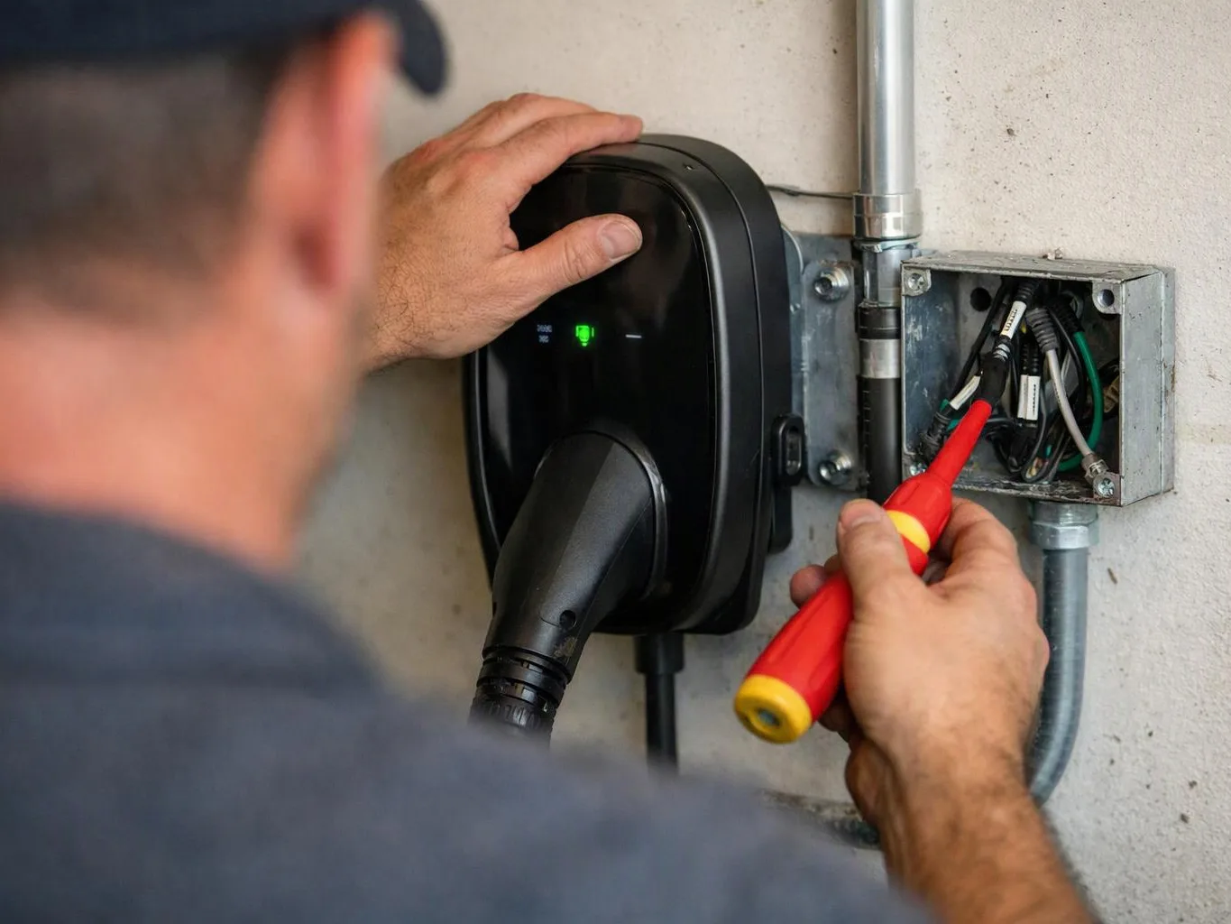 A worker tests a wall-mounted electric charger with a red probe beside exposed wiring and conduit