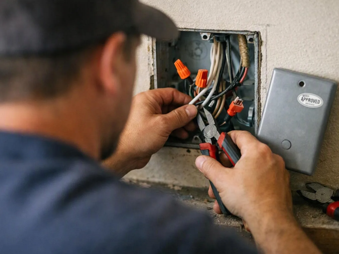 A worker uses pliers to repair wires inside an open wall electrical box