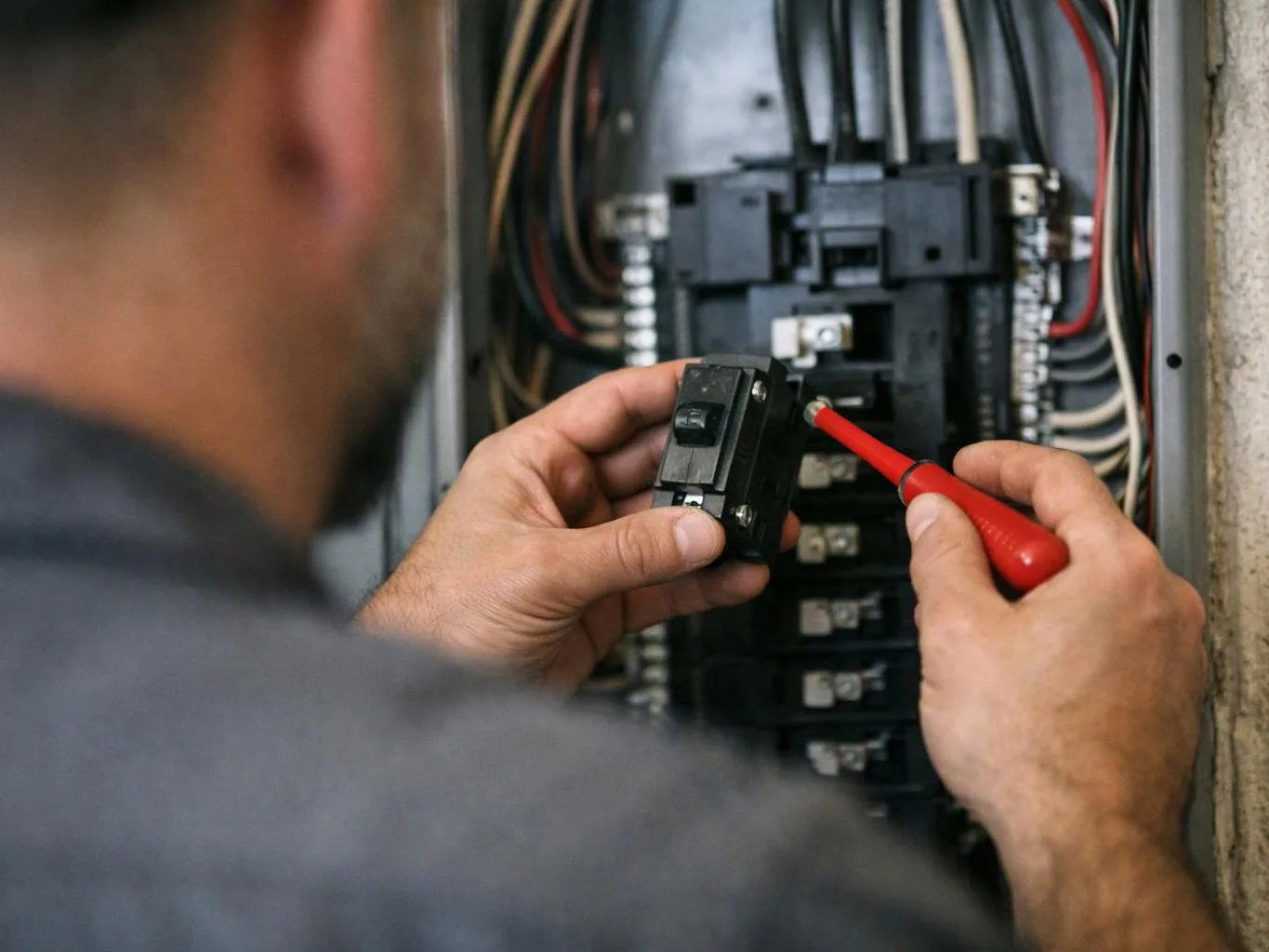 A worker uses a red screwdriver to adjust a breaker inside an open electrical panel